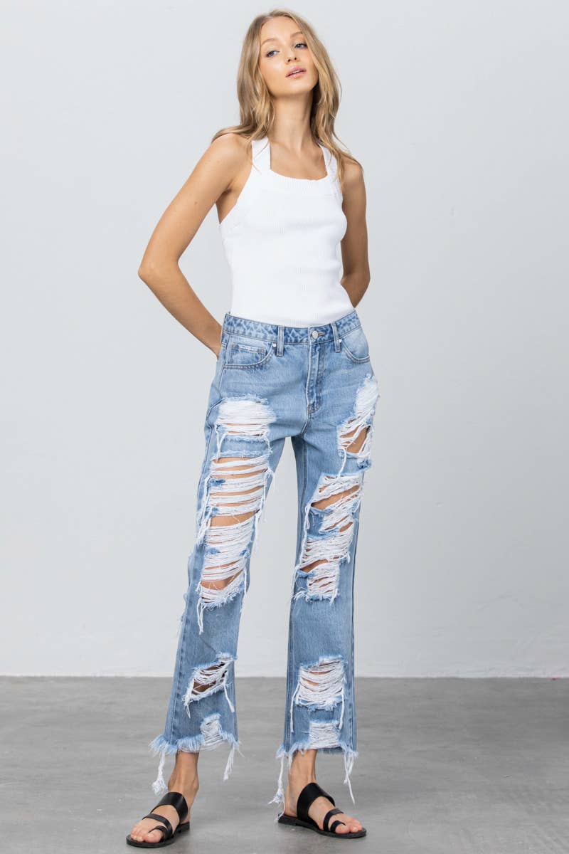 High Rise Heavy Destroyed Frayed Hem Straight Jeans