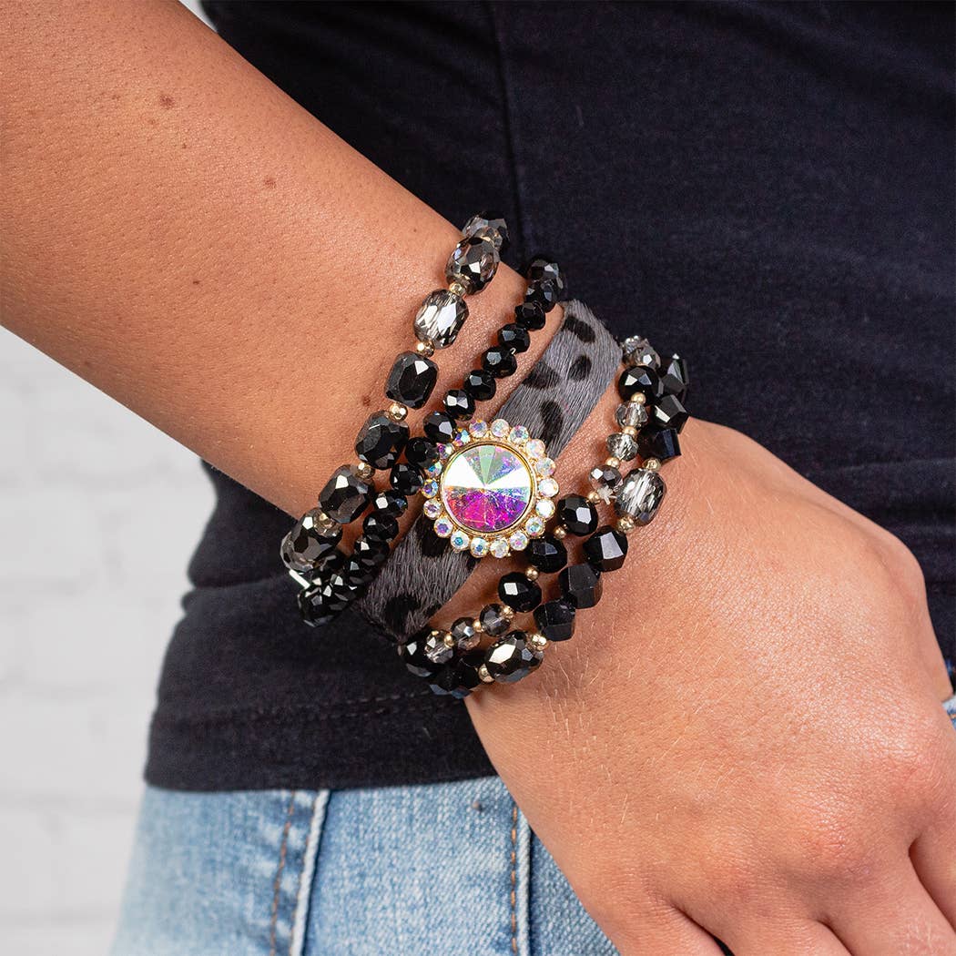 Leopard and Crystal Beaded Stacked Bracelets