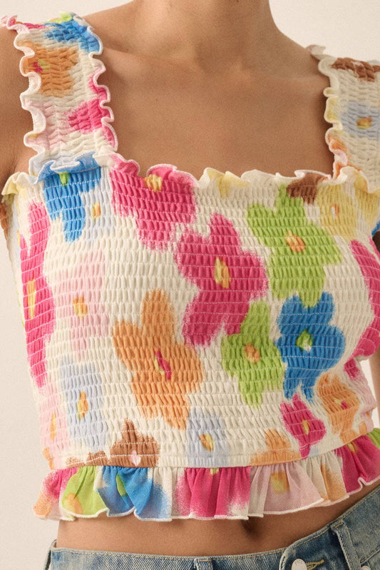 Floral-Print Mesh Smocked Ruffle Cami Top