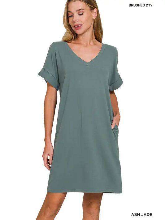Brushed Short Sleeve V-Neck Dress