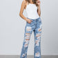 High Rise Heavy Destroyed Frayed Hem Straight Jeans