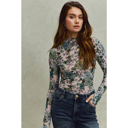 Floral Print Mesh Knit Long Sleeve Top