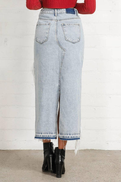 High Rise Distressed Denim Maxi Skirt - Southern Sassy Boutique