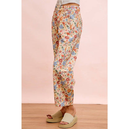 Washed Floral Printed Twill Barrel Pants