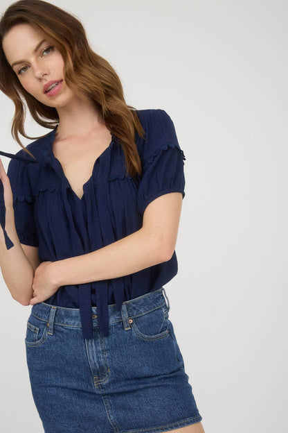 SCALLOP TRIM FRONT TIE DETAIL PUFF SLEEVE TOP - Southern Sassy Boutique