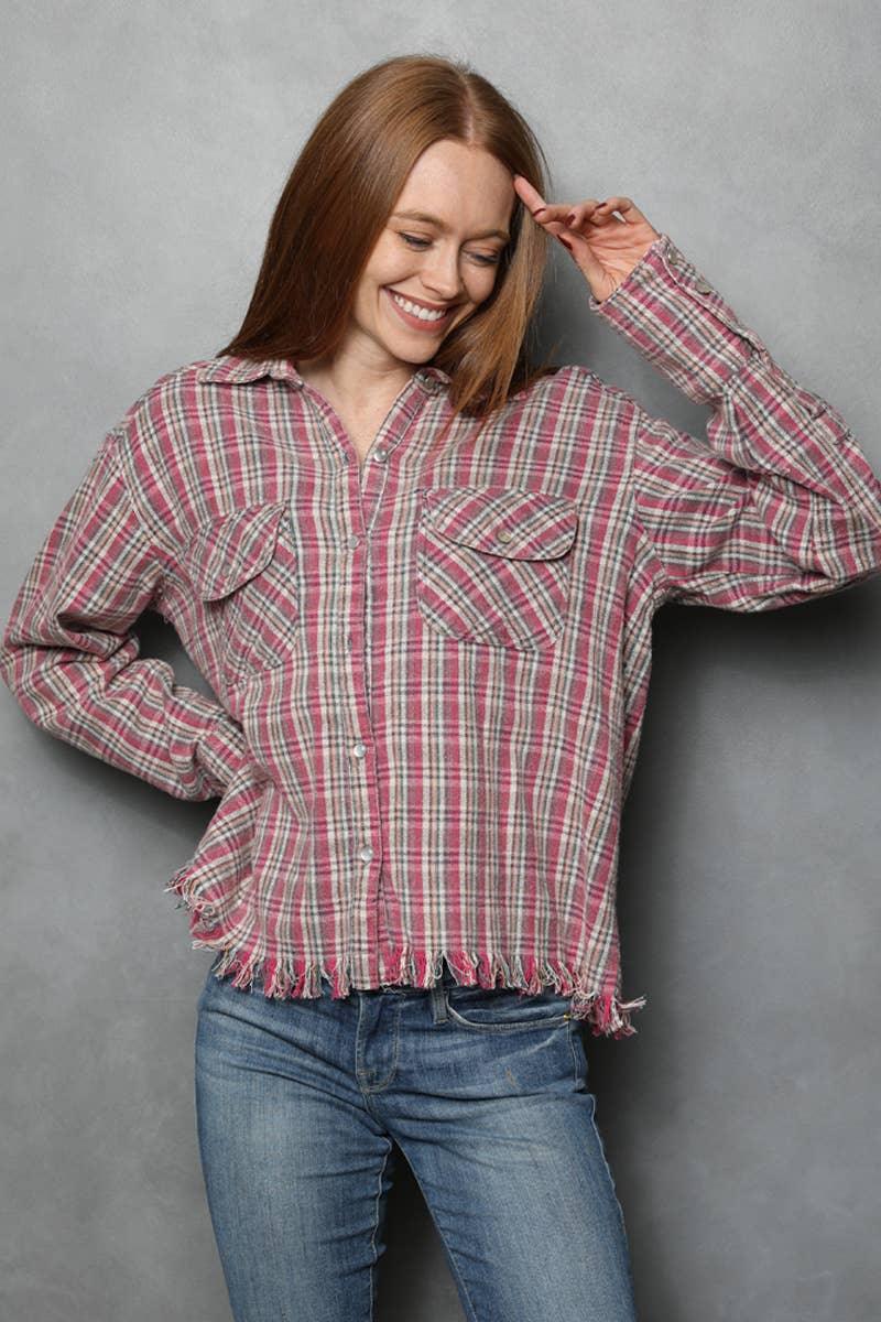 PLAID BUTTON FRONT SHIRT WITH FRAYED HEM - Southern Sassy Boutique