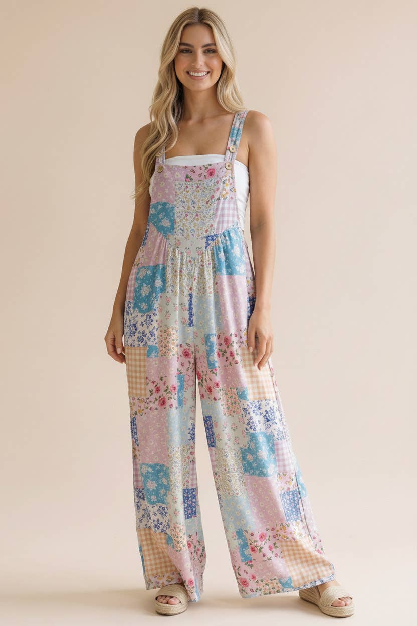 Floral Patchwork Wide Leg Bib Overalls