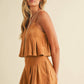SUEDE PLEATED SLEEVELESS TOP AND SHORTS SET