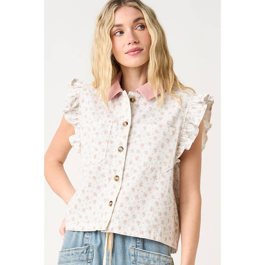 Floral Print with Ruffle sleeves Vest