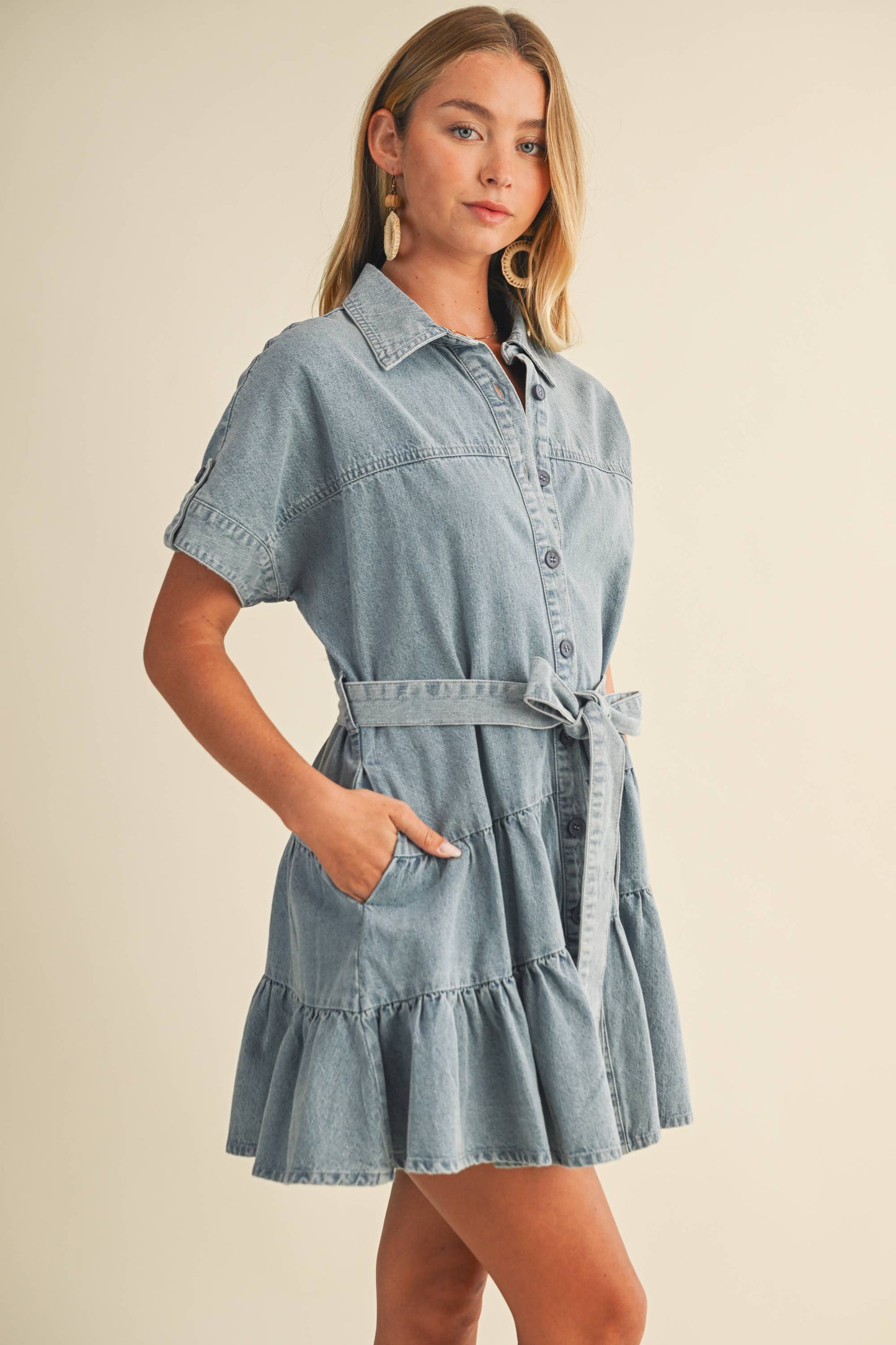 RUFFLE TIERED DENIM DRESS