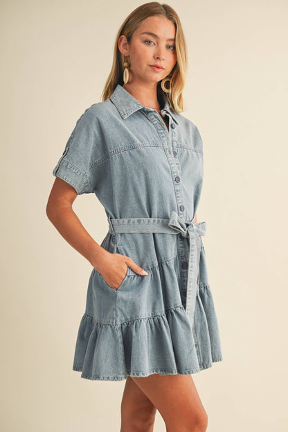 RUFFLE TIERED DENIM DRESS