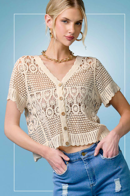 Open Knit Scallop Edge Button Down Cardigan