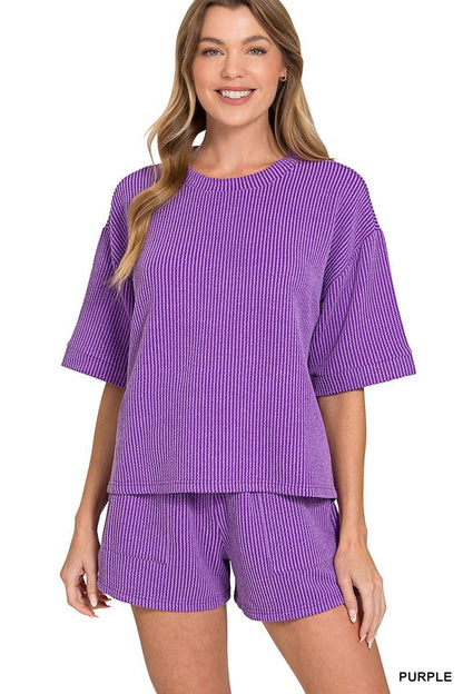 Ribbed Half Sleeve Tee & Short Pants 2PC Set