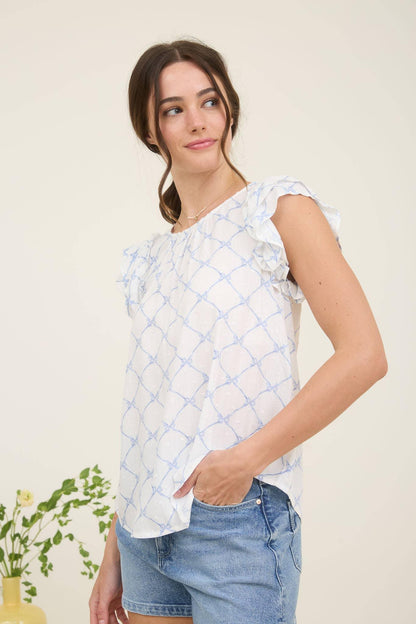 BOW CLIP DOT PATTERN RUFFLE SLEEVE BLOUSE - Southern Sassy Boutique