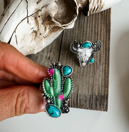 Western Pendant Adjustable Ring - Cactus | Steer  - Southern Sassy Boutique