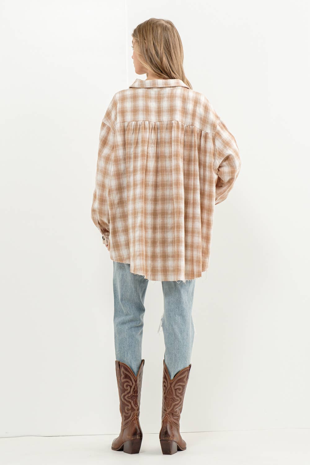Yarn Dyed Mixed Contrast Crop Frayed Bottom Shirt
