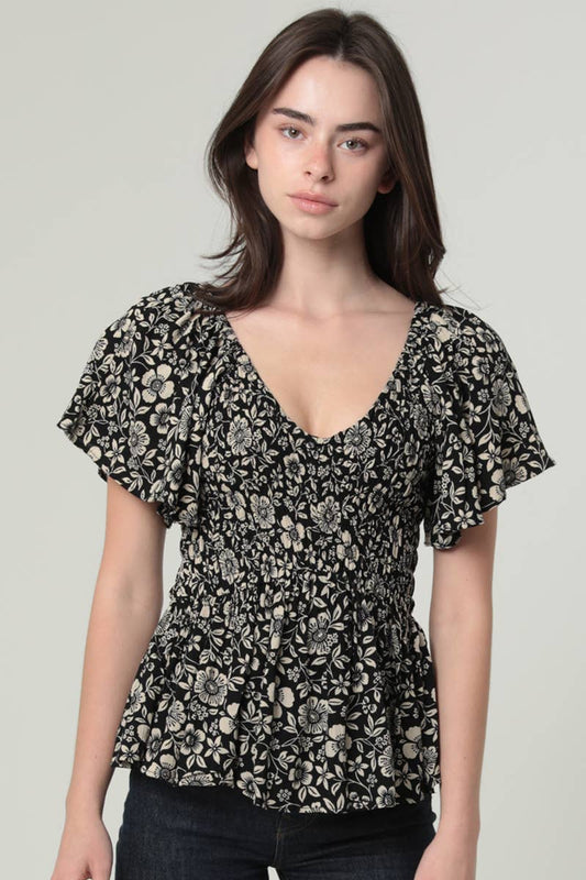 V Neck Floral Smocked Bodice