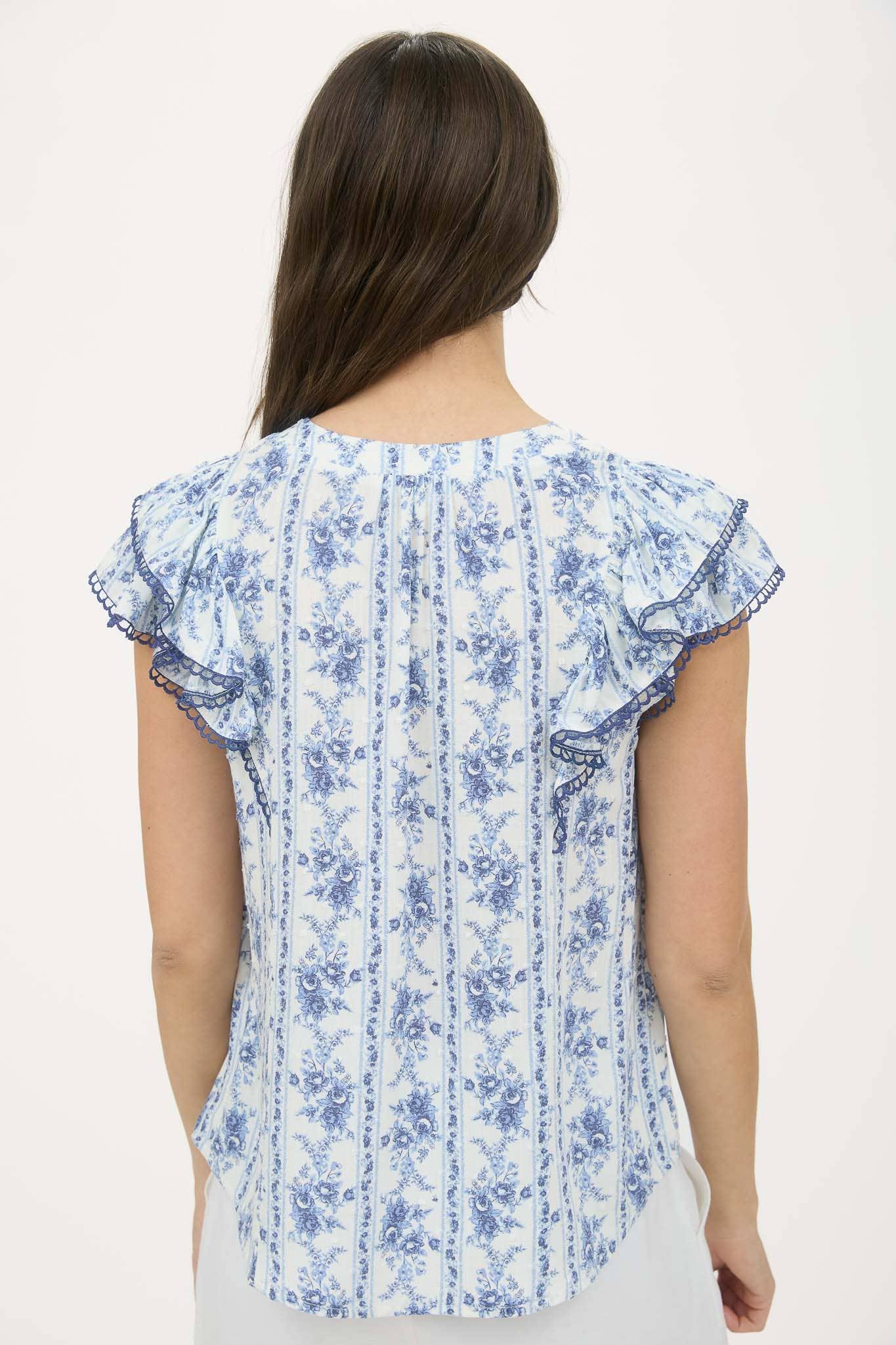 STRIPE FLORAL SPLIT NECK RUFFLE SLEEVE TOP - Southern Sassy Boutique