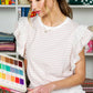 Crew Neck Ruffle Trim Sleeve Striped Cotton Blouse