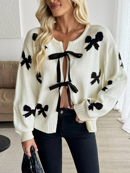 Bow Tie Front Bow Print Open Knit Sweater SZ29-SW5413 - Southern Sassy Boutique