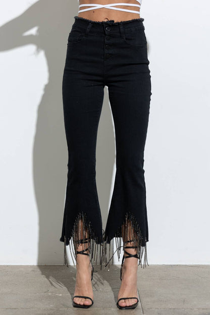 RHINESTONE FRINGE DENIM PANTS