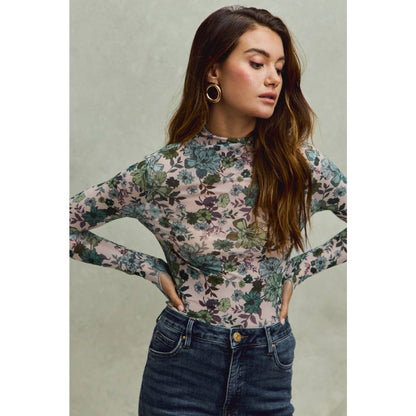 Floral Print Mesh Knit Long Sleeve Top