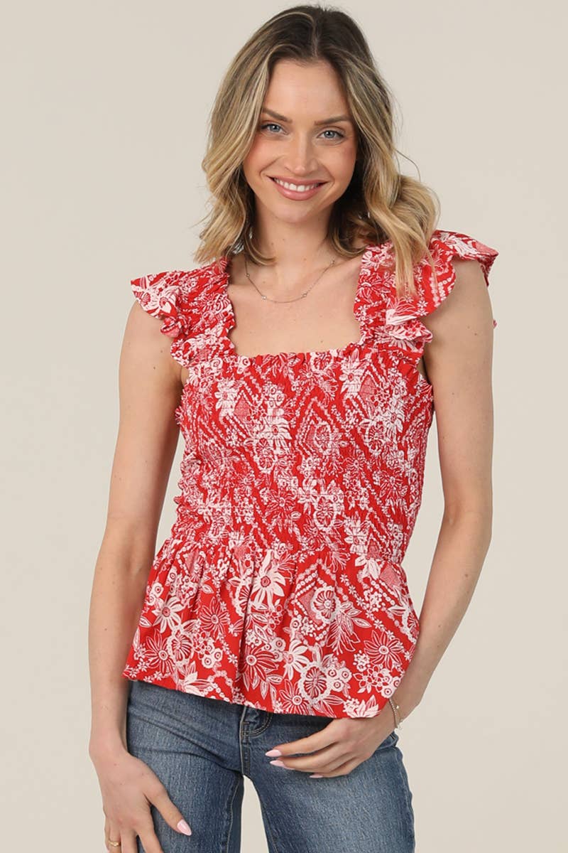 Smoked Bodice Flutter Print Top