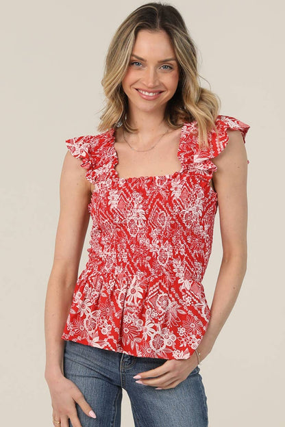 Smoked Bodice Flutter Print Top