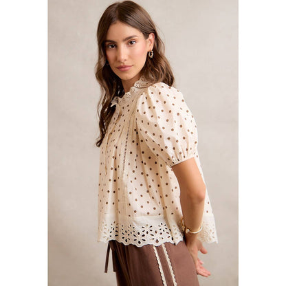 Polka Dot Cotton Lace Trim Blouse