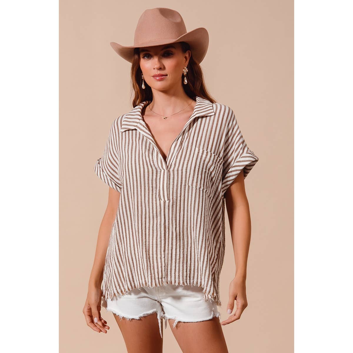 PLACKET DOLMAN STRIPE SHIRT BLOUSE TOP