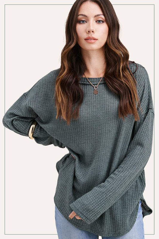 Brushed Waffle Fabric Loose Fit Long Sleeve Top