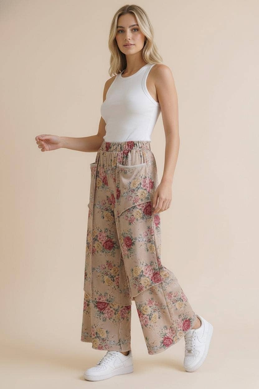 Elastic Waist Wide Leg Vintage Floral Pant