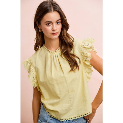 COTTON SOLID RUFFLE SLEEVE LACE DETAIL BLOUSE TOP