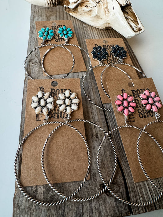 Western Flower Stone Hoop Earrings