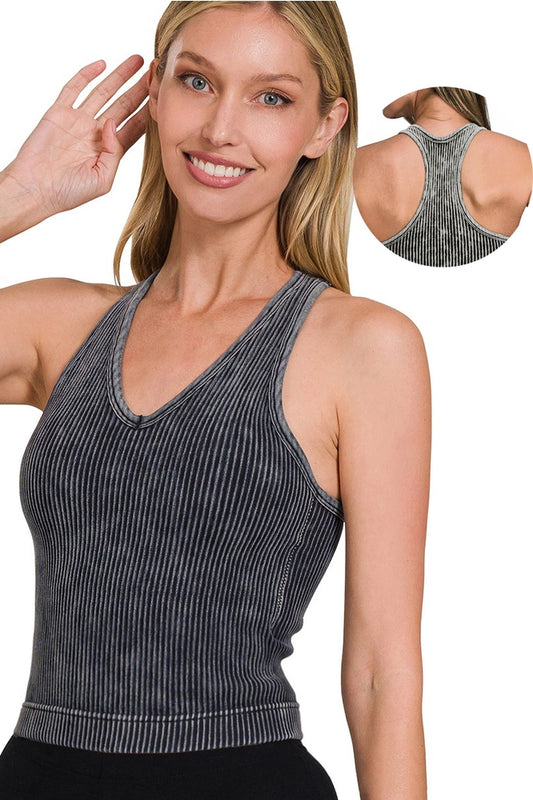 Washed Ribbed Cropped Seamless Bra Tank Top