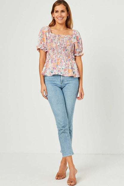 Floral Puff Sleeve Smocked Top