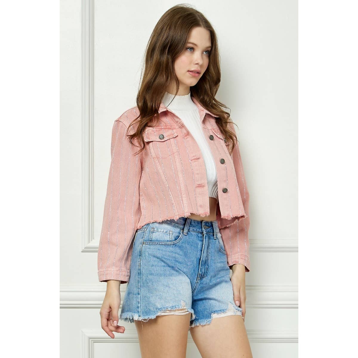 Stripe Rhinestone Distressed Color Denim Jacket - Southern Sassy Boutique