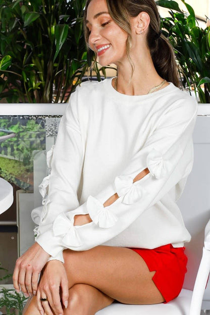 Bow Embellished Long-Sleeve Crew Neck Knit Sweater VT82605- - Southern Sassy Boutique