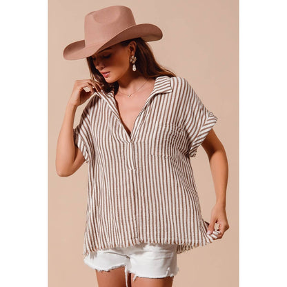 PLACKET DOLMAN STRIPE SHIRT BLOUSE TOP