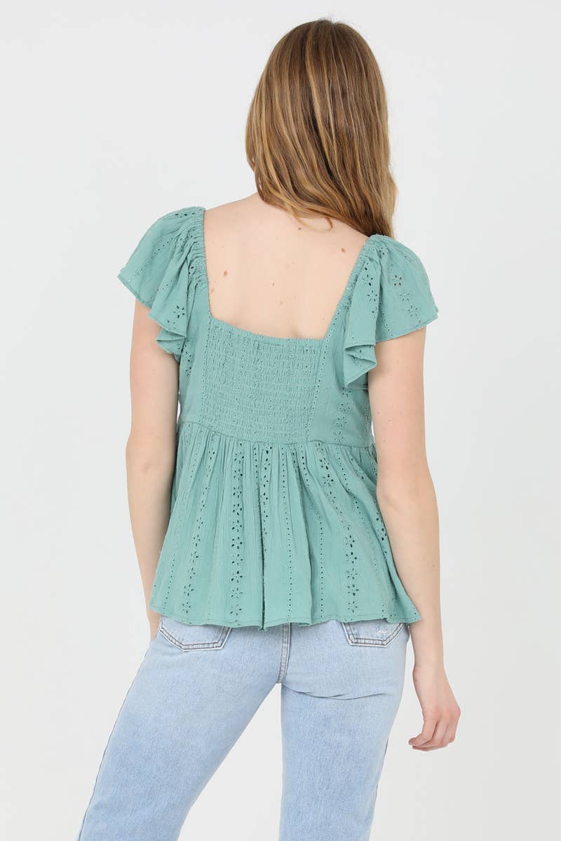 Eyelet Embroidered Notch Front Top