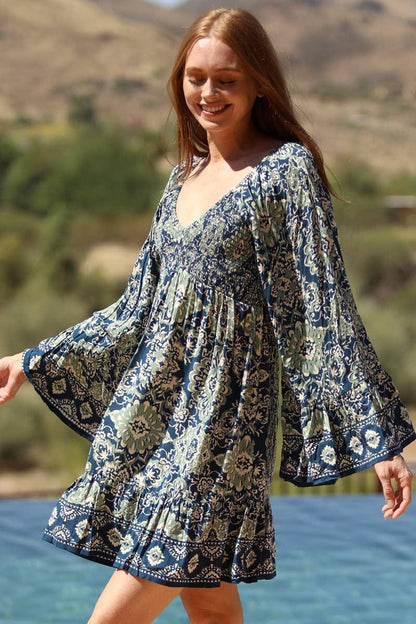 V NECK SMOCKED BUST WIDE BELL SLEEVE PRINTED DRES