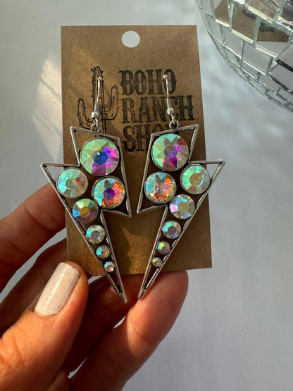 Western Rhinestone Bling Lightning Thunderbolt Earrings - Southern Sassy Boutique