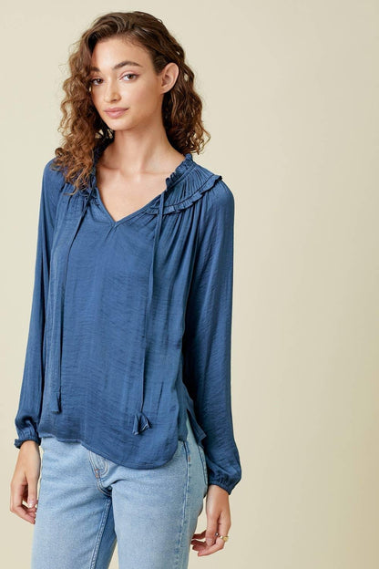 Ruffled Satin Blouse - Southern Sassy Boutique