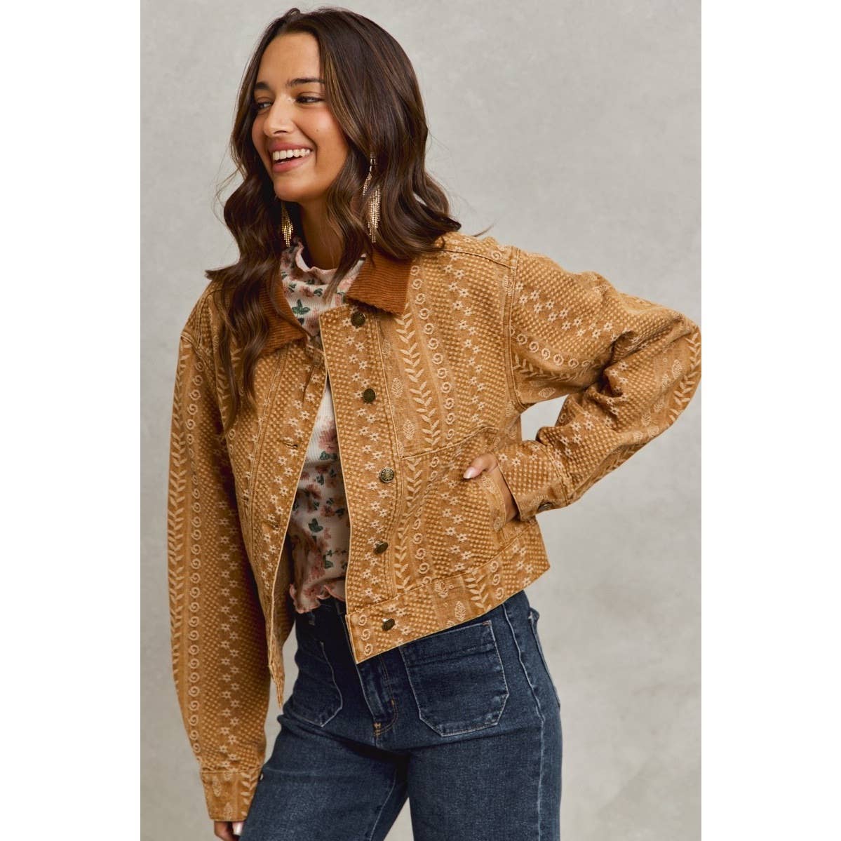 Floral Pattern Twill Corduroy Collar Denim Jacket