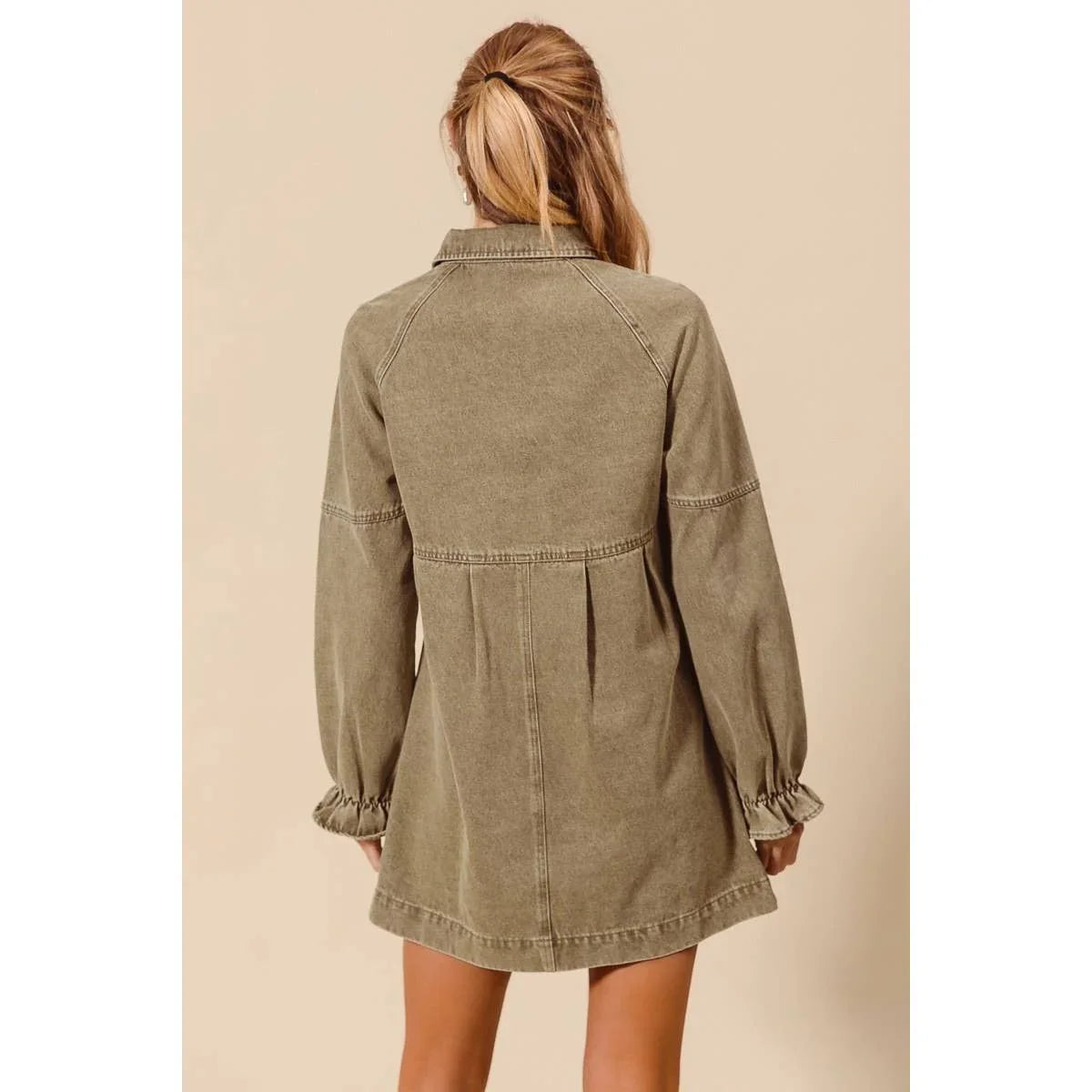 Washed Color Denim Button Down Shirt Mini Dress - Southern Sassy Boutique