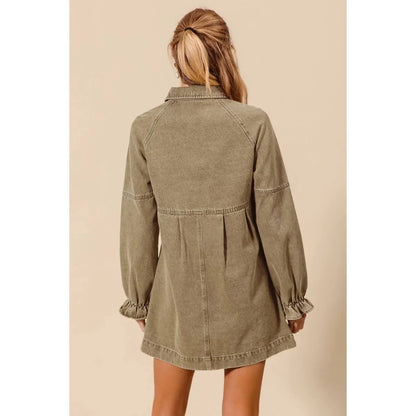 Washed Color Denim Button Down Shirt Mini Dress - Southern Sassy Boutique