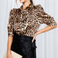 Leopard-Print Collared Puff Sleeve Satin Blouse