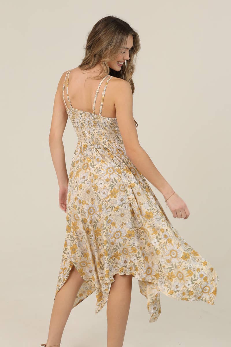 Boho Daisy Print Lace Trim Hanky Midi Dress