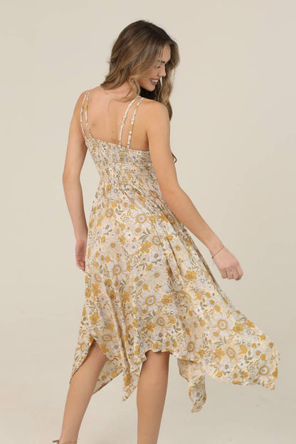 Boho Daisy Print Lace Trim Hanky Midi Dress