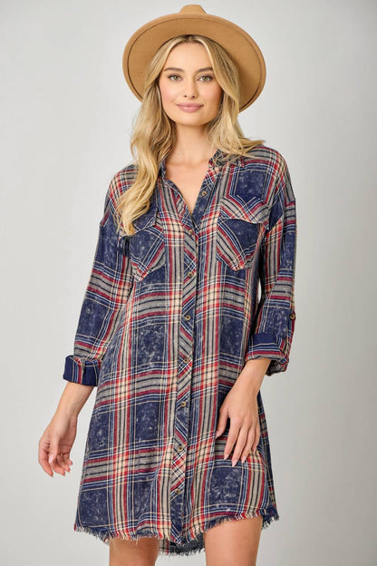 Washed Plaid Shirt Dress - Southern Sassy Boutique